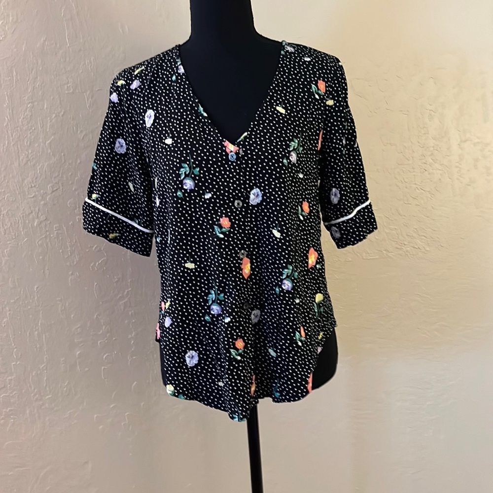Abercrombie & Fitch Black Polka Dot Button-Down with Multicolor Floral Print